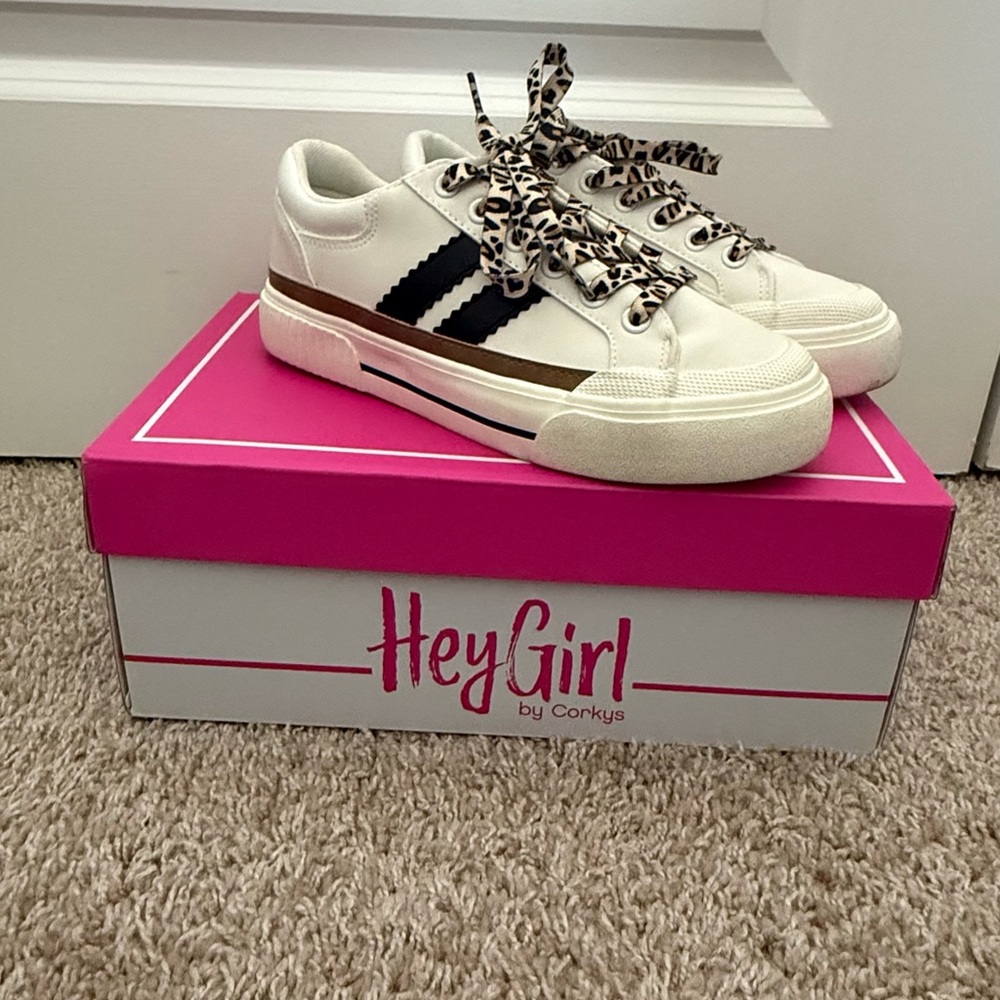 Hey Girl by Corkys White - White Sneakers with Cheetah Laces - Worn Once!